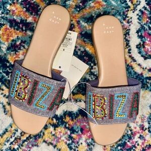 A New Day Ibiza Beaded Blue Canvas Slide Sandals-Size 9 NWT.
